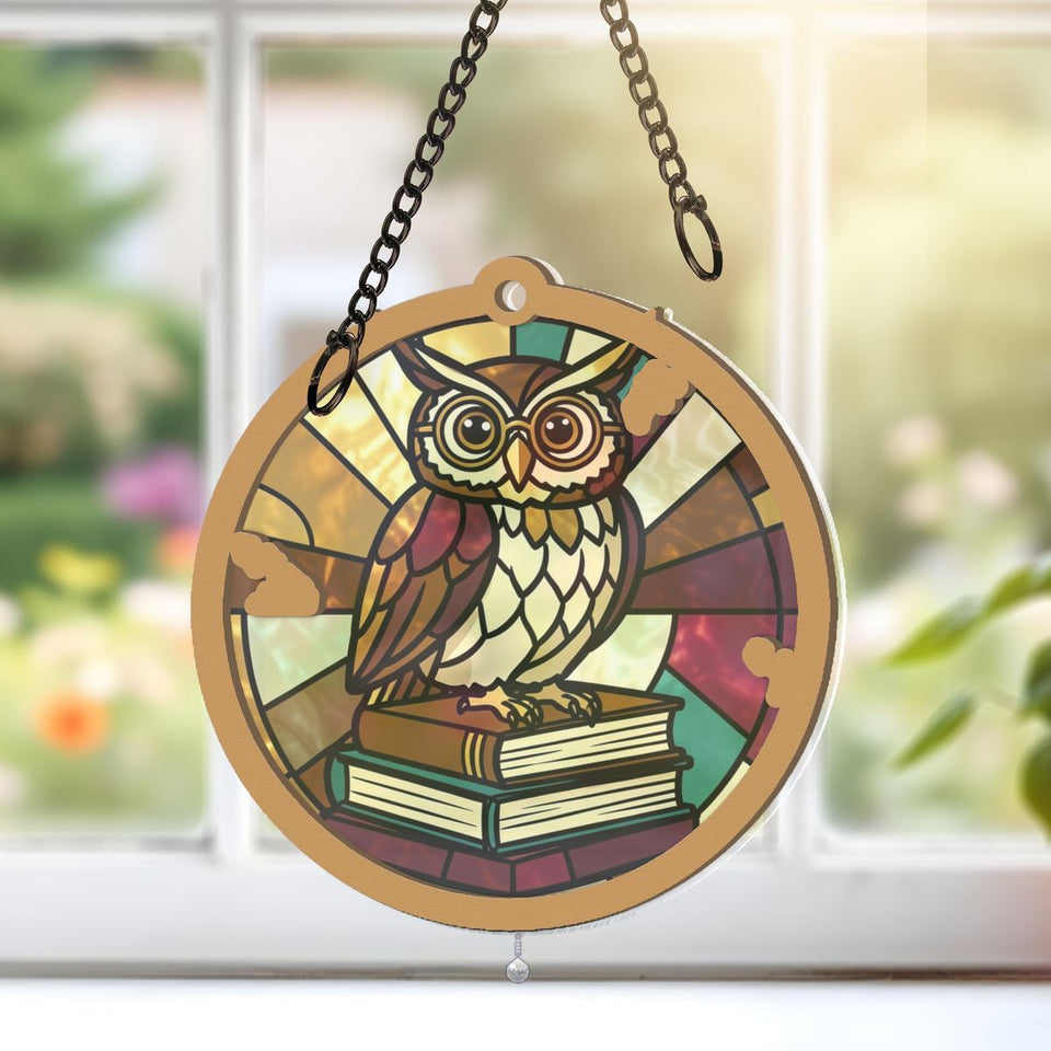 Wise Owl Books Circle Window Hanging Suncatcher with teardrop crystal