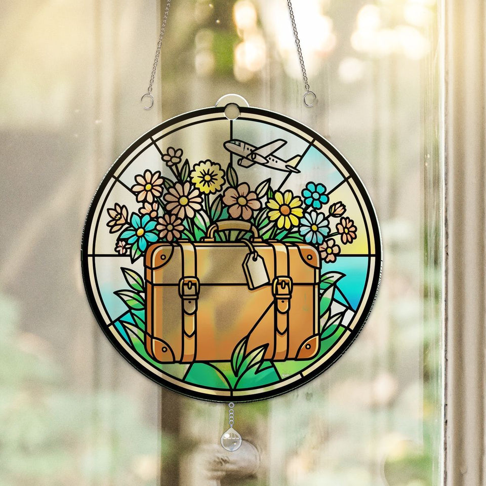 Vintage Suitcase Wildflowers Circle Acrylic Suncatcher with teardrop crystal