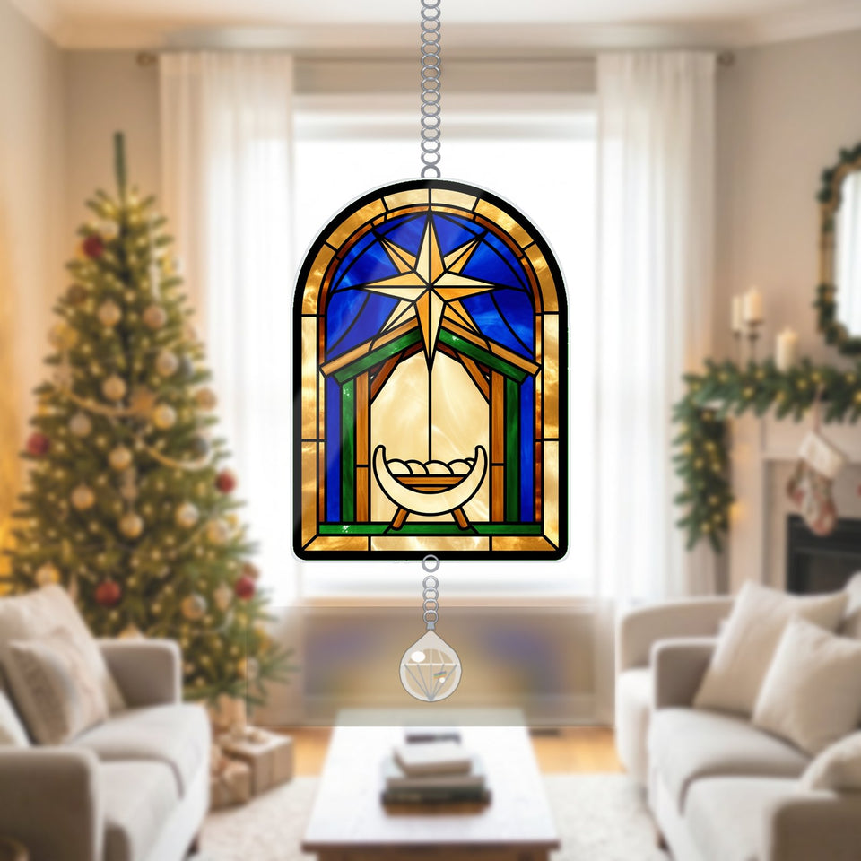 Nativity Star Arch Acrylic Suncatcher with teardrop crystal