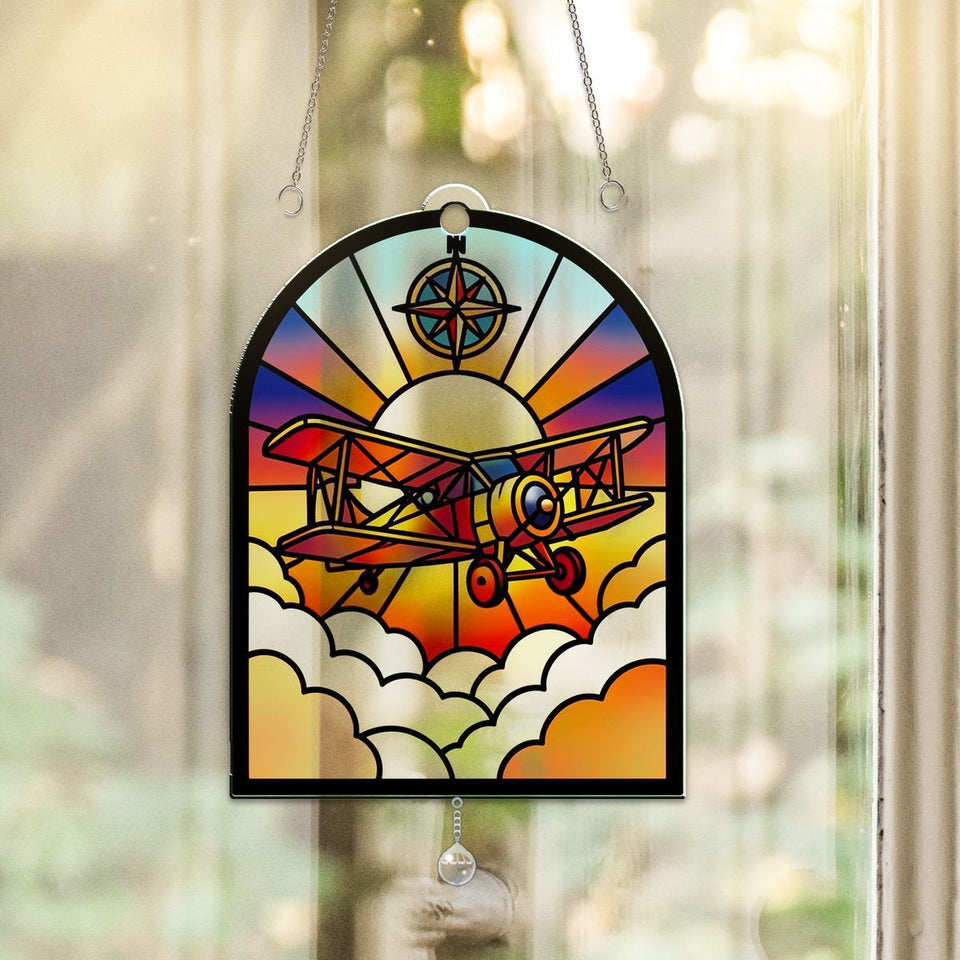 Vintage Biplane Sky Arch Acrylic Suncatcher with teardrop crystal
