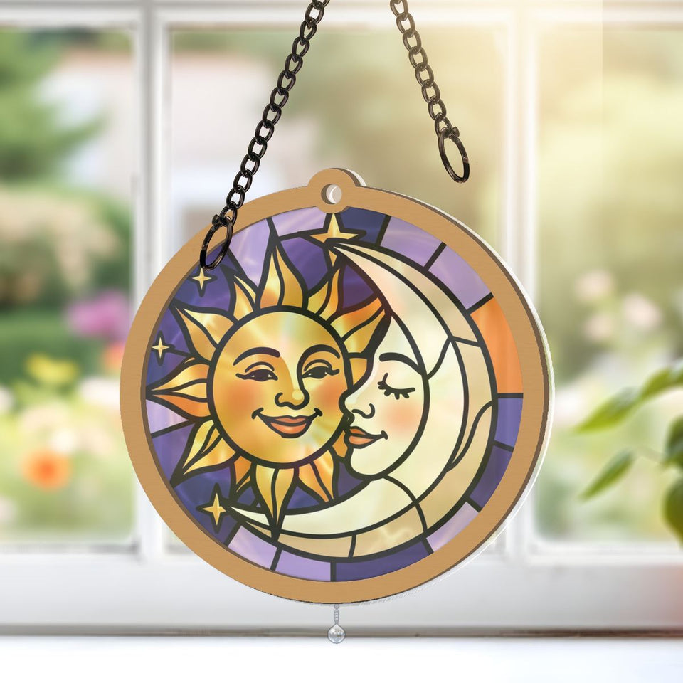 Sun and Moon Embrace Circle Window Hanging Suncatcher with teardrop crystal