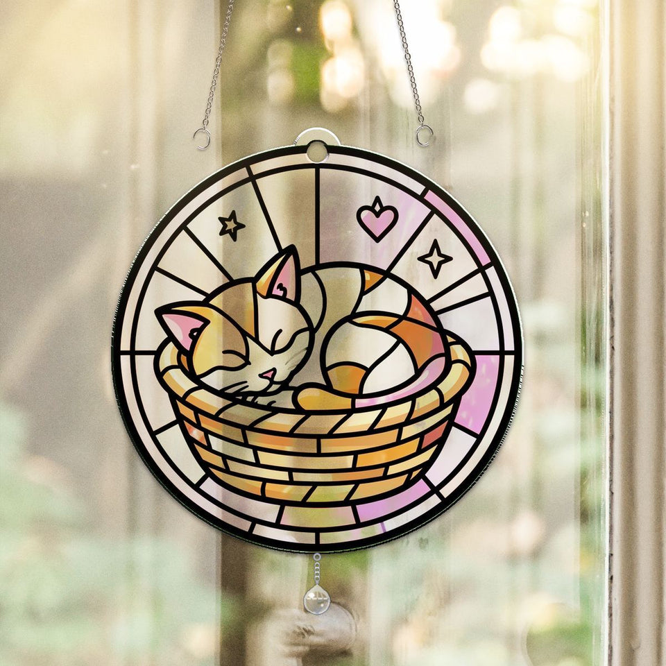 Sleeping Kitten Basket Circle Acrylic Suncatcher with teardrop crystal