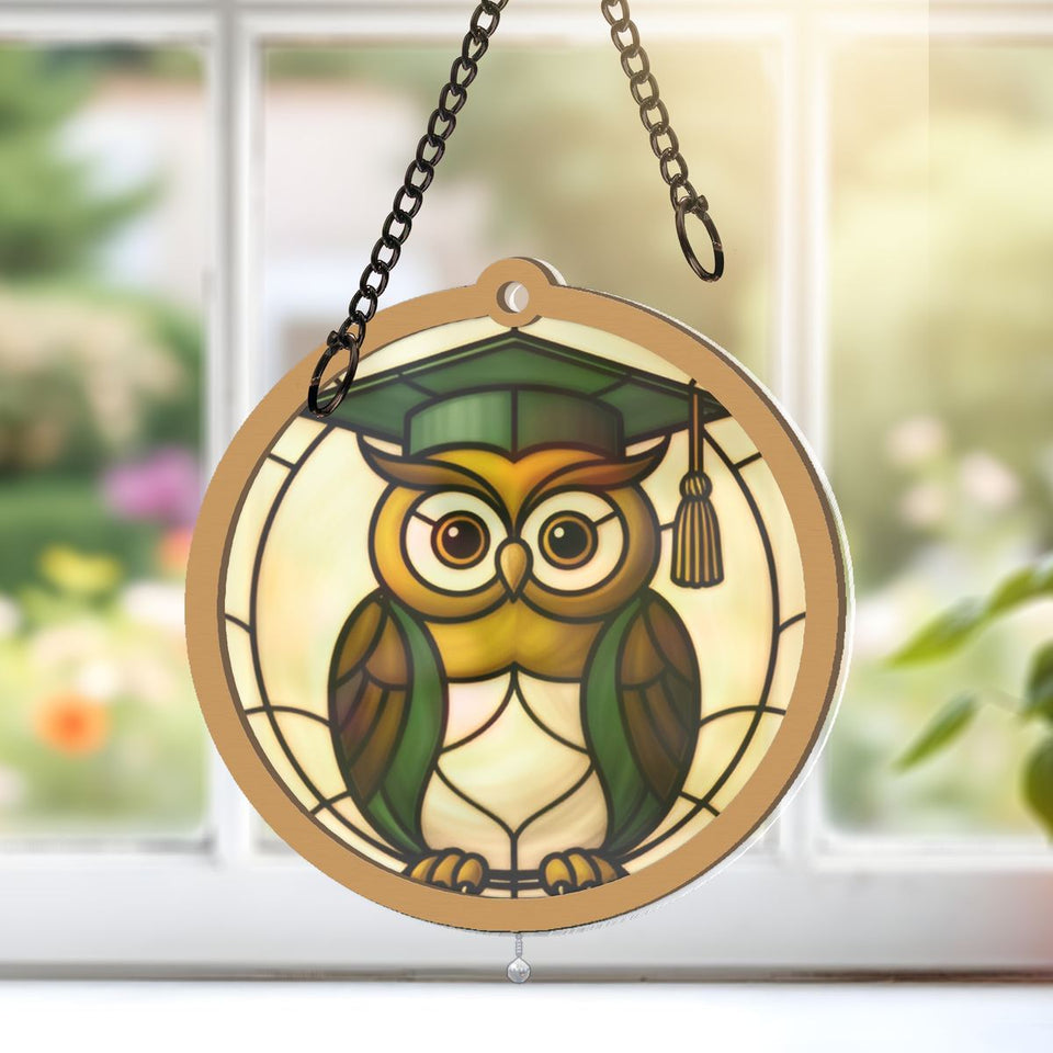 Wise Owl Graduation Cap Window Hanging Suncatcher with teardrop crystal