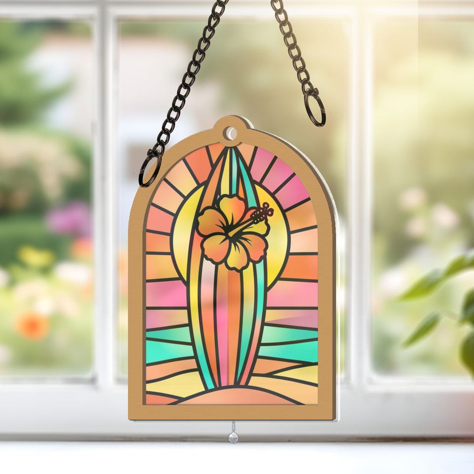 Surfboard Sunset Arch Window Hanging Suncatcher with teardrop crystal