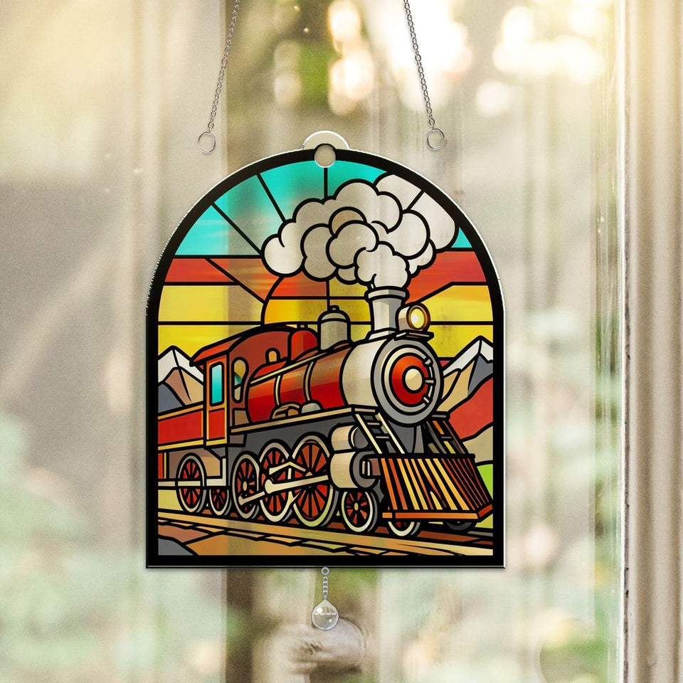Steam Train Mountain Arch Acrylic Suncatcher with teardrop crystal