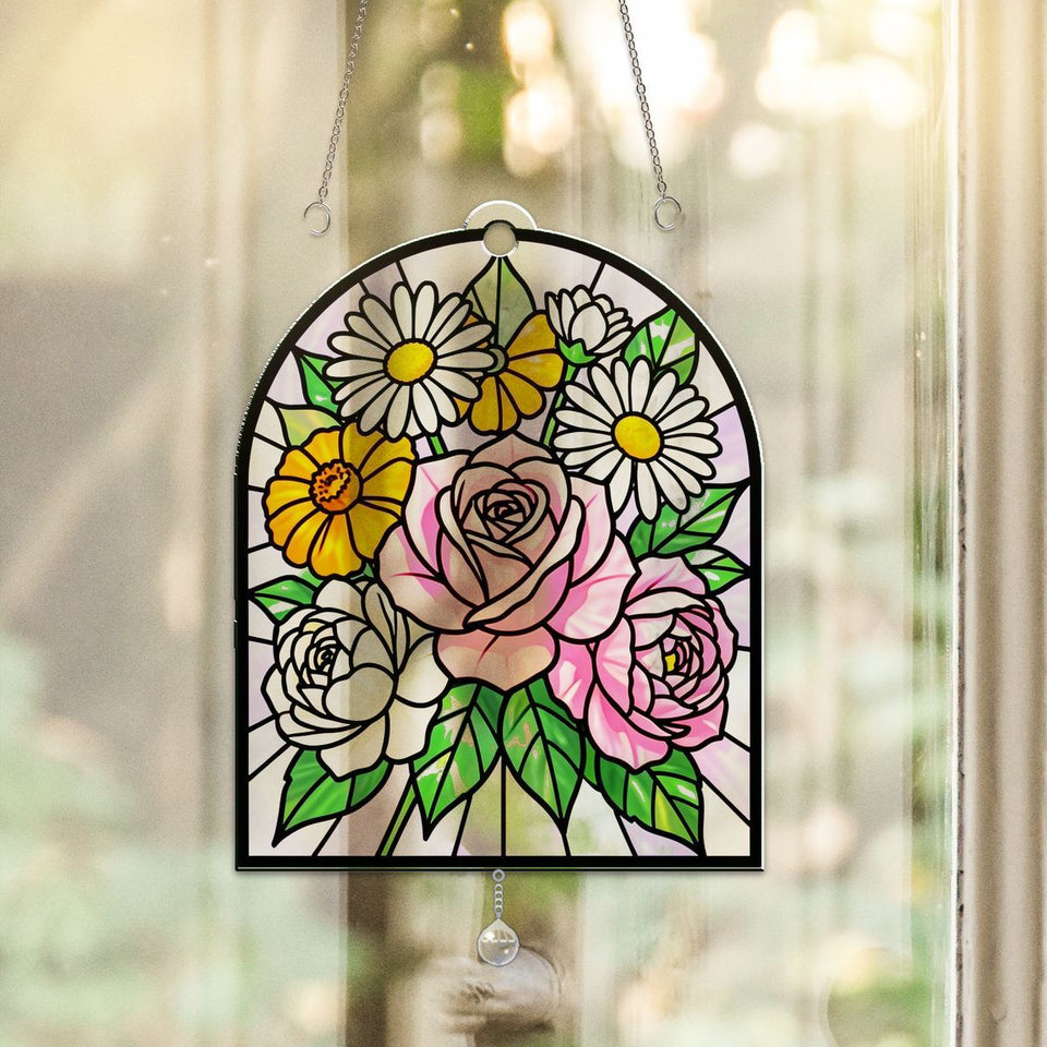 Birth Flower Bouquet Arch Acrylic Suncatcher with teardrop crystal