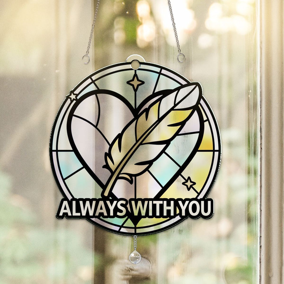 Feather Heart Remembrance Circle Acrylic Suncatcher with teardrop crystal