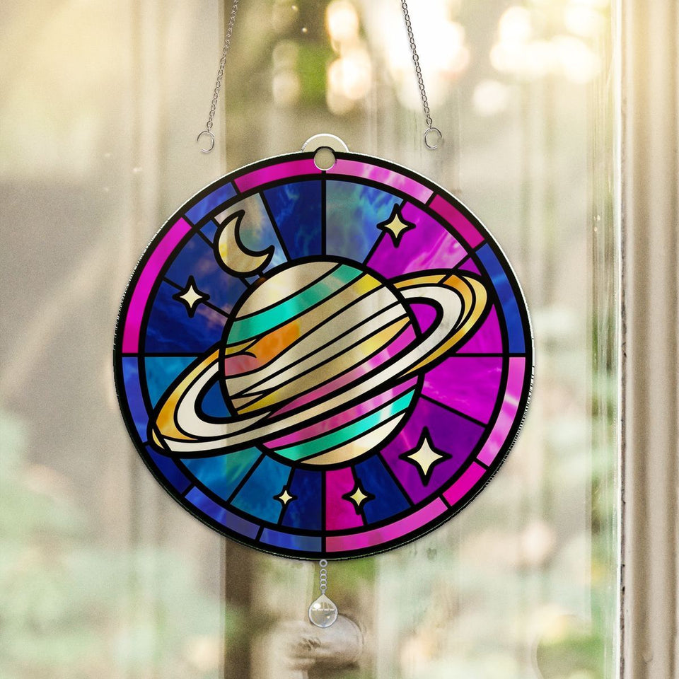 Ringed Planet Stars Circle Acrylic Suncatcher with teardrop crystal