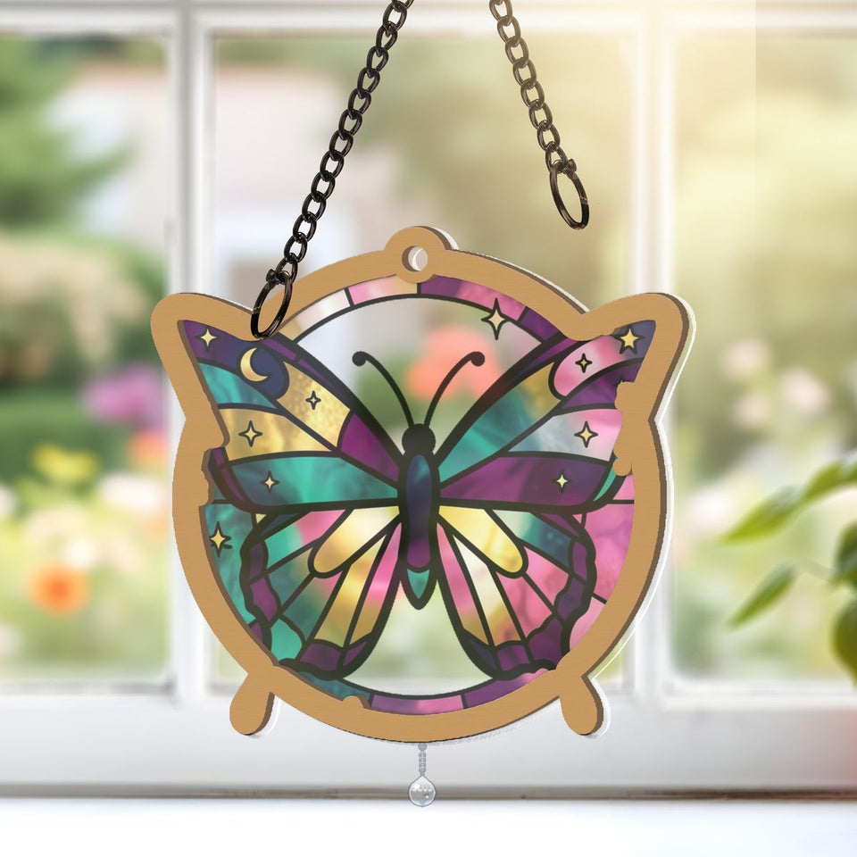 Celestial Butterfly Moon Circle Window Hanging Suncatcher with teardrop crystal