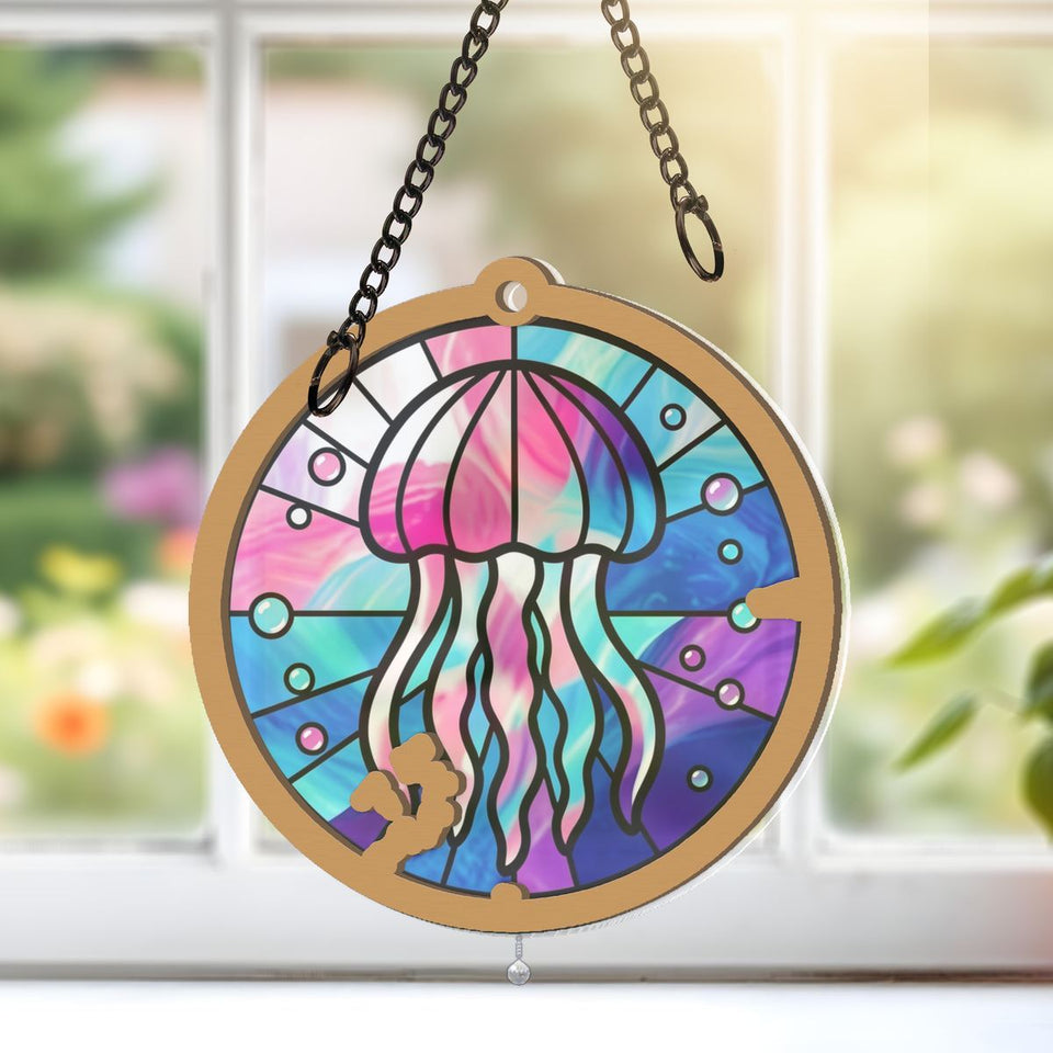 Jellyfish Glow Circle Window Hanging Suncatcher with teardrop crystal