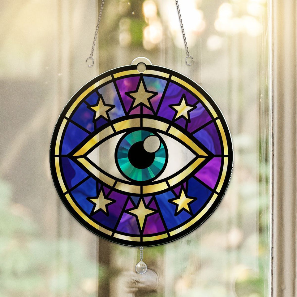Celestial Eye Crescent Circle Acrylic Suncatcher with teardrop crystal