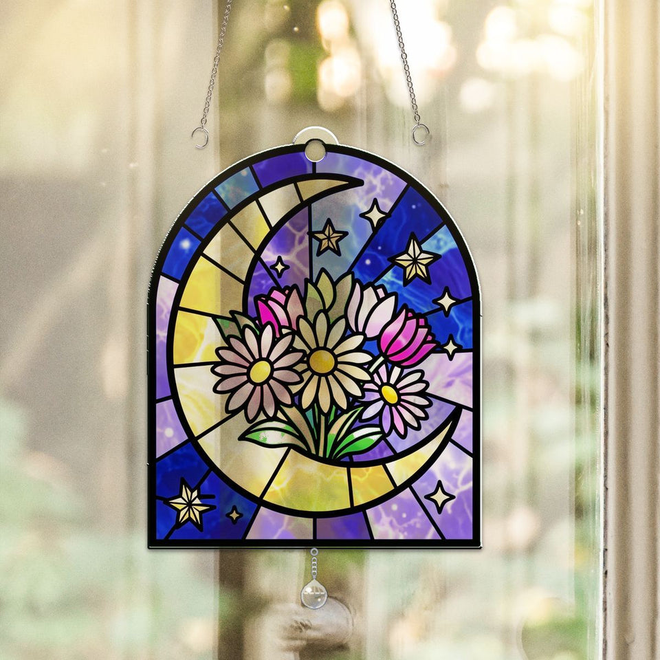 Crescent Moon Wildflowers Arch Acrylic Suncatcher with teardrop crystal