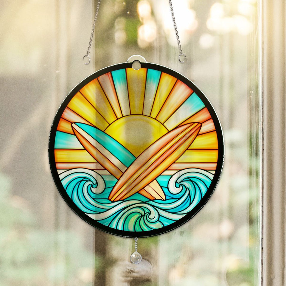 Surfboard Sunset Circle Acrylic Suncatcher with teardrop crystal