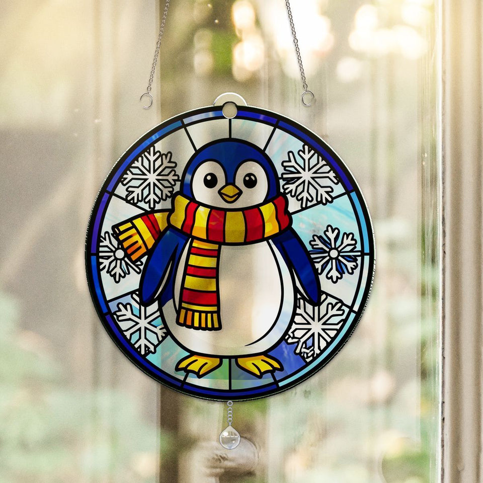 Penguin Scarf Snowflake Acrylic Suncatcher with teardrop crystal