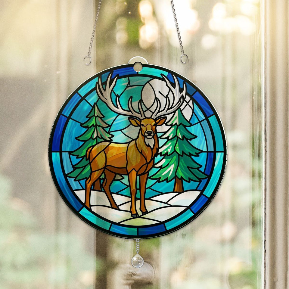 Winter Stag Evergreen Circle Acrylic Suncatcher with teardrop crystal
