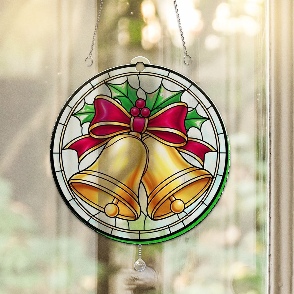 Silver Bells Holly Circle Acrylic Suncatcher with teardrop crystal