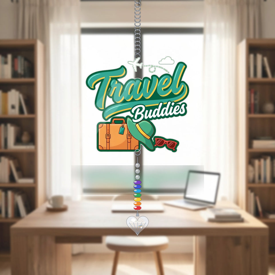 Travel Buddies Suitcase Acrylic Suncatcher with heart crystal + rainbow chain