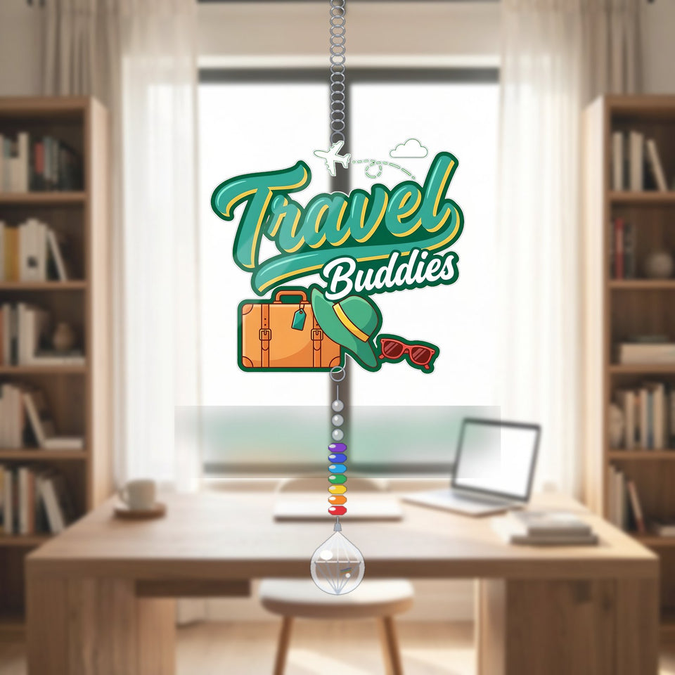 Travel Buddies Suitcase Acrylic Suncatcher with teardrop crystal + rainbow chain