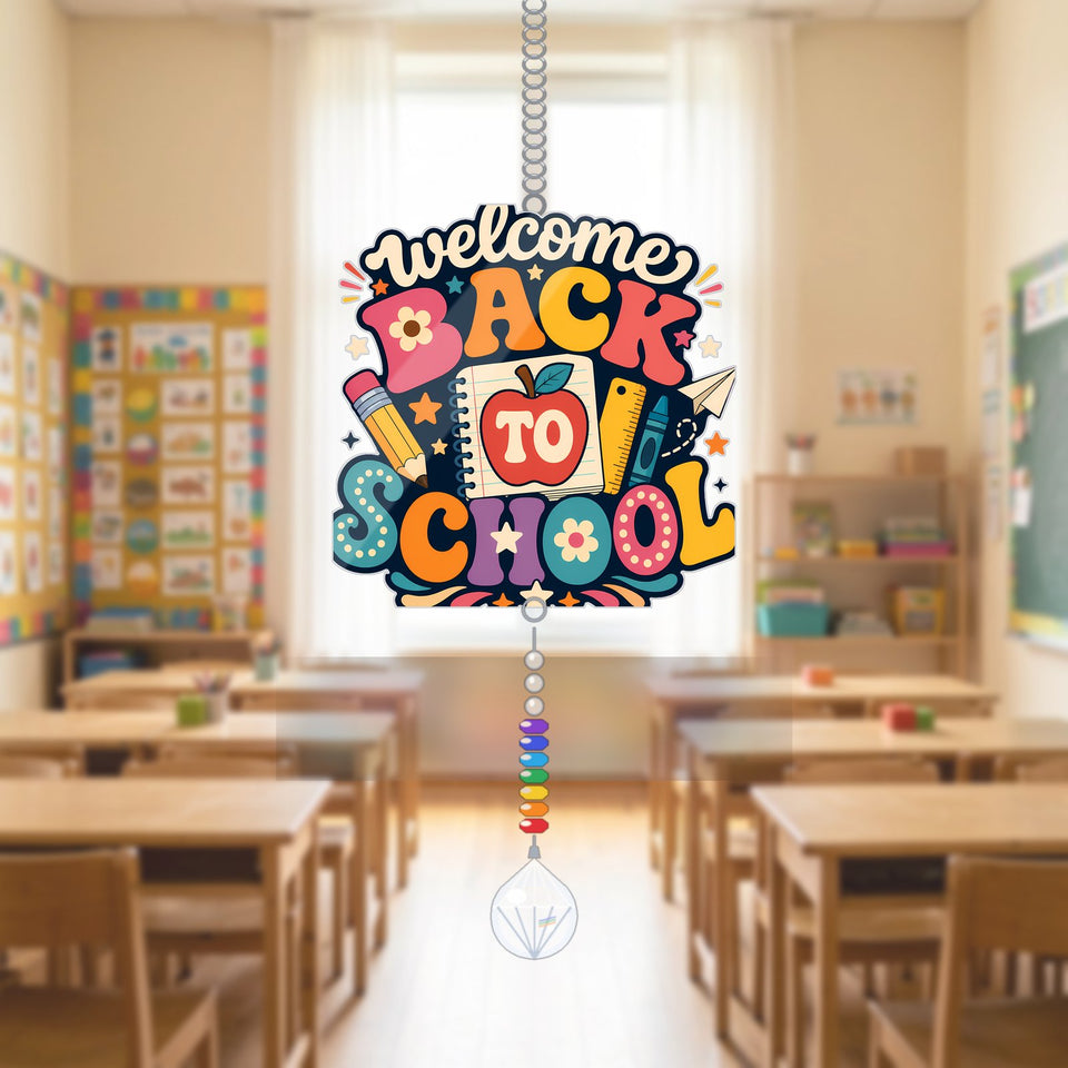 Welcome Back to School Notebook Acrylic Suncatcher with teardrop crystal + rainbow chain