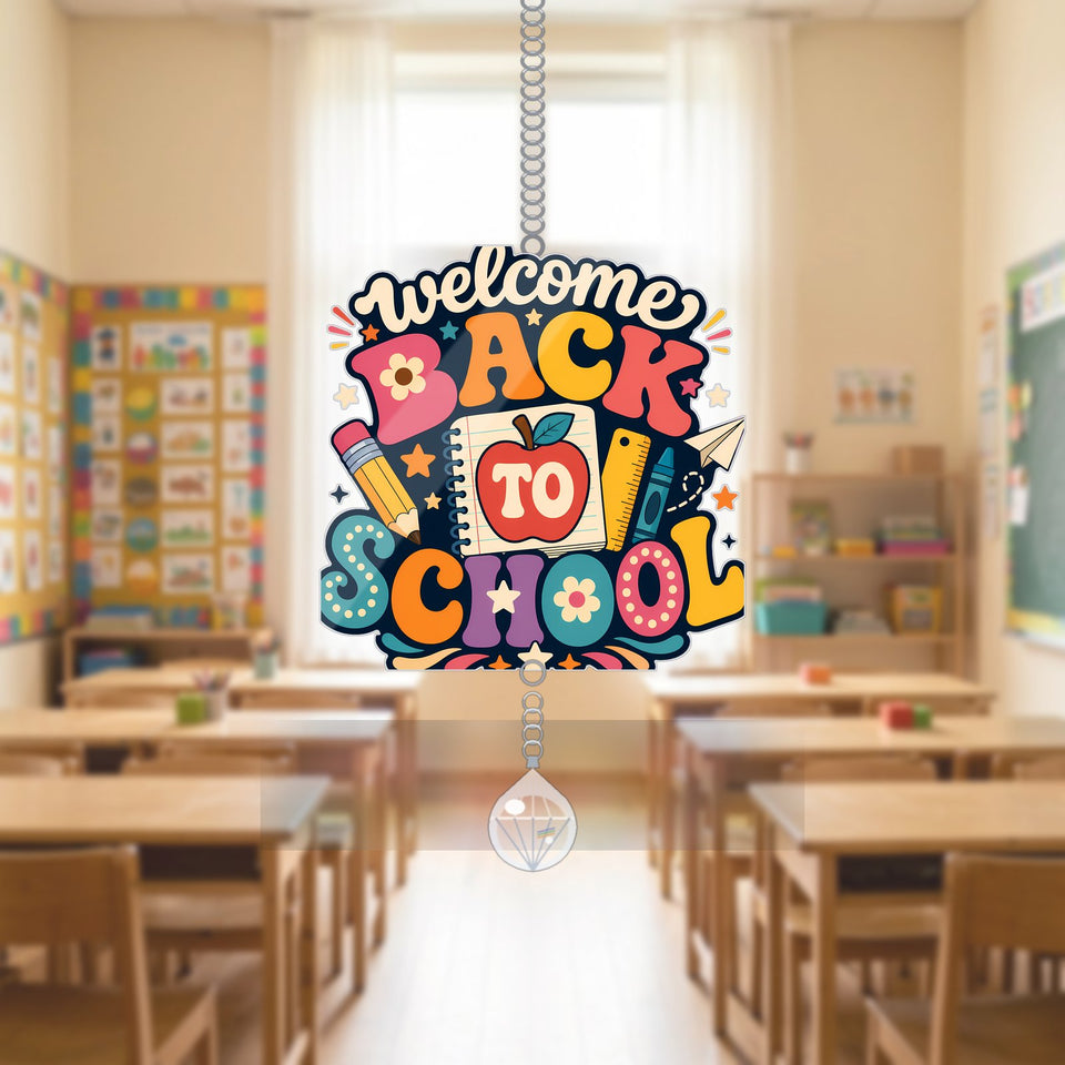 Welcome Back to School Notebook Acrylic Suncatcher with teardrop crystal