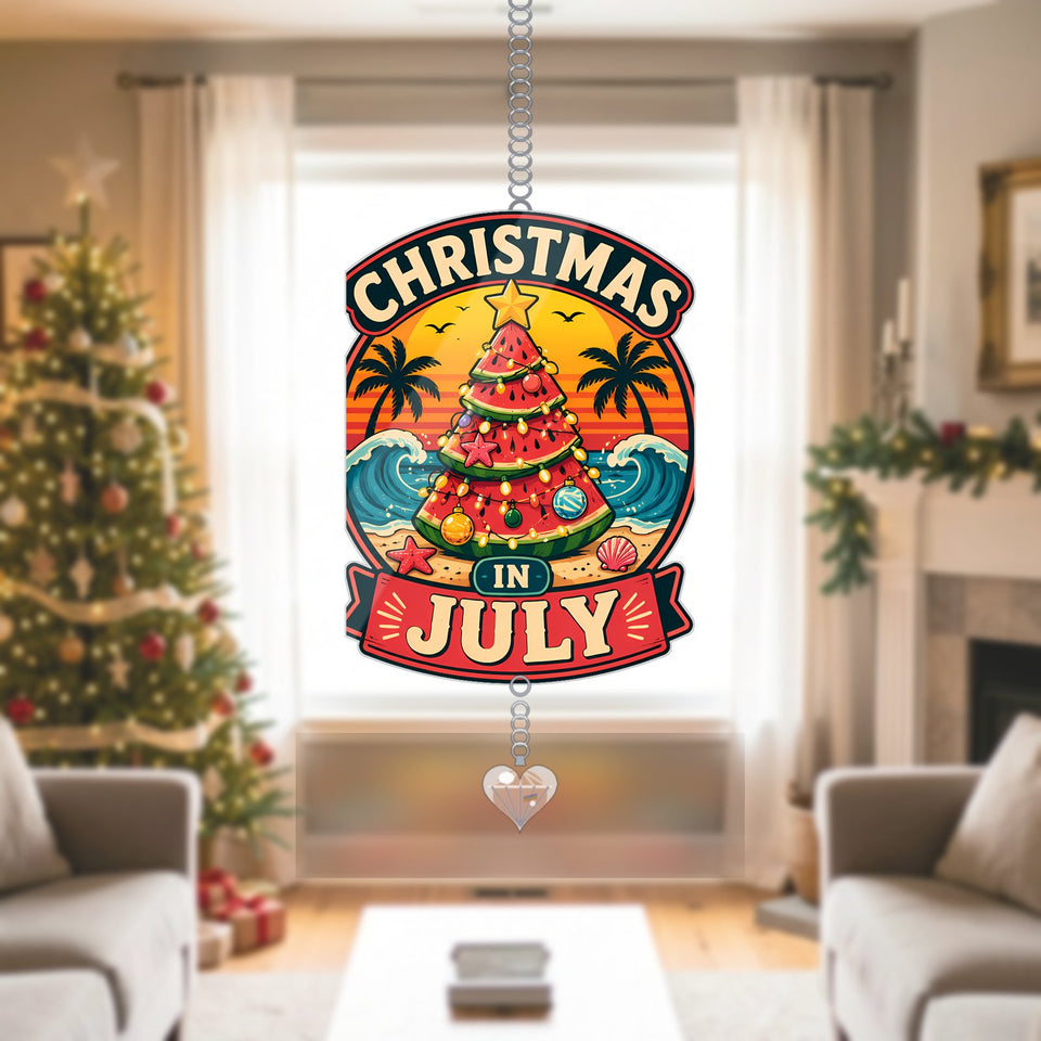 Watermelon Christmas Beach Acrylic Suncatcher with heart crystal