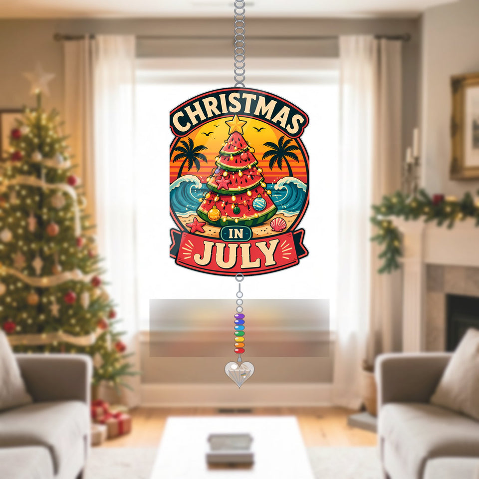 Watermelon Christmas Beach Acrylic Suncatcher with heart crystal + rainbow chain