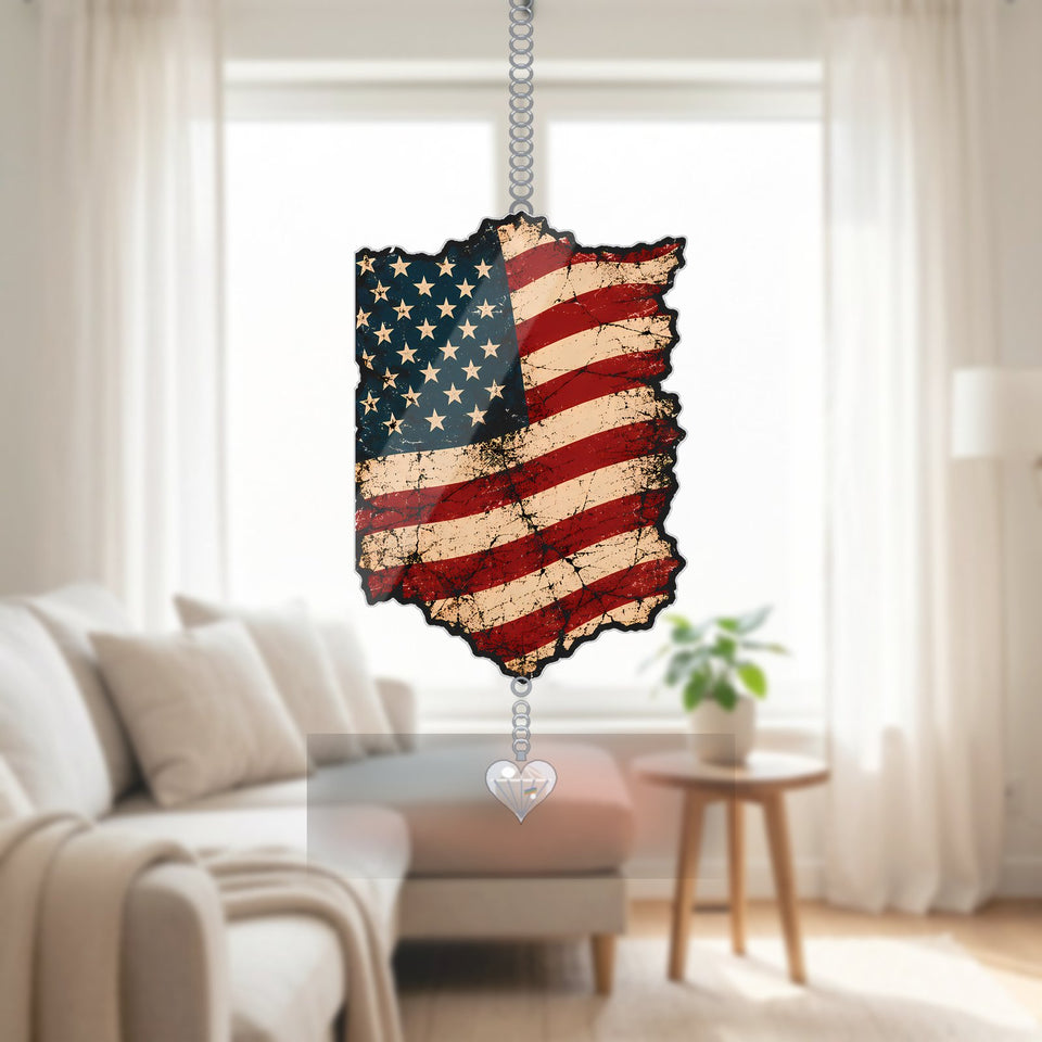 Waving American Flag Acrylic Suncatcher with heart crystal