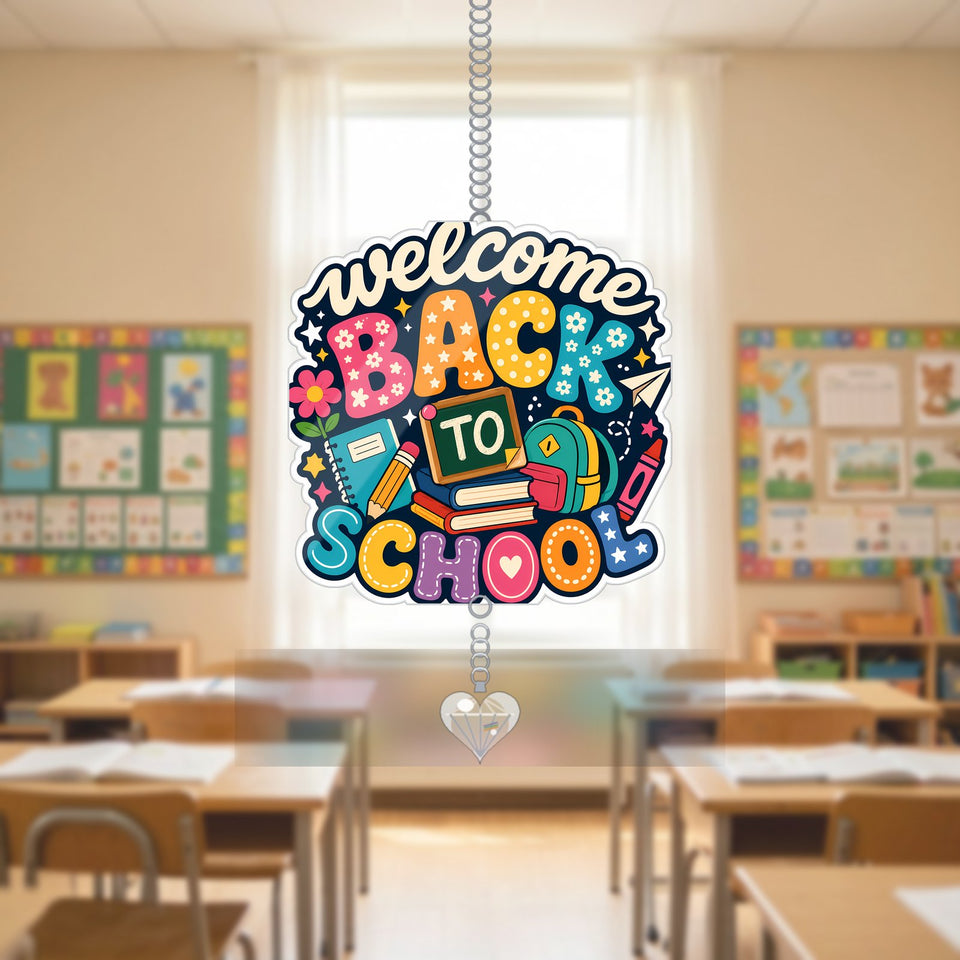 Welcome Back to School Chalkboard Acrylic Suncatcher with heart crystal