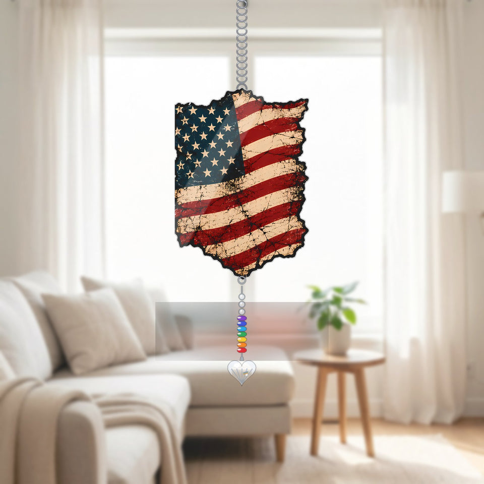 Waving American Flag Acrylic Suncatcher with heart crystal + rainbow chain