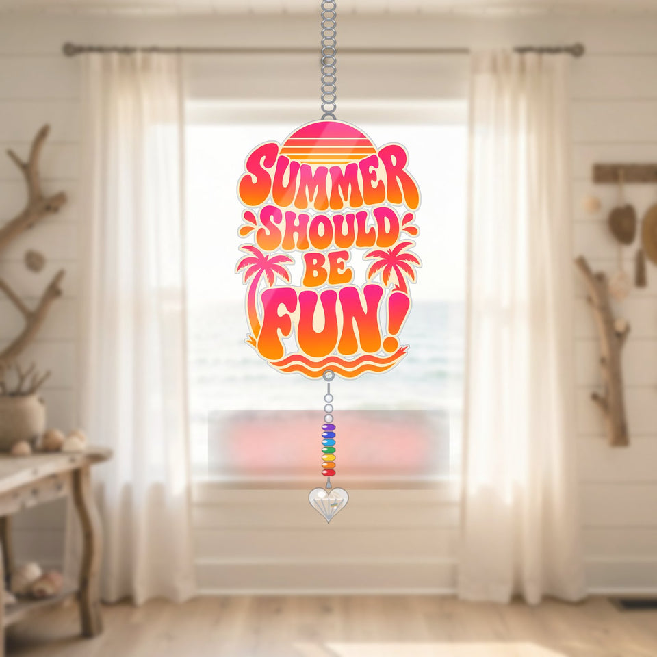 Summer Should Be Fun Sunset Acrylic Suncatcher with heart crystal + rainbow chain