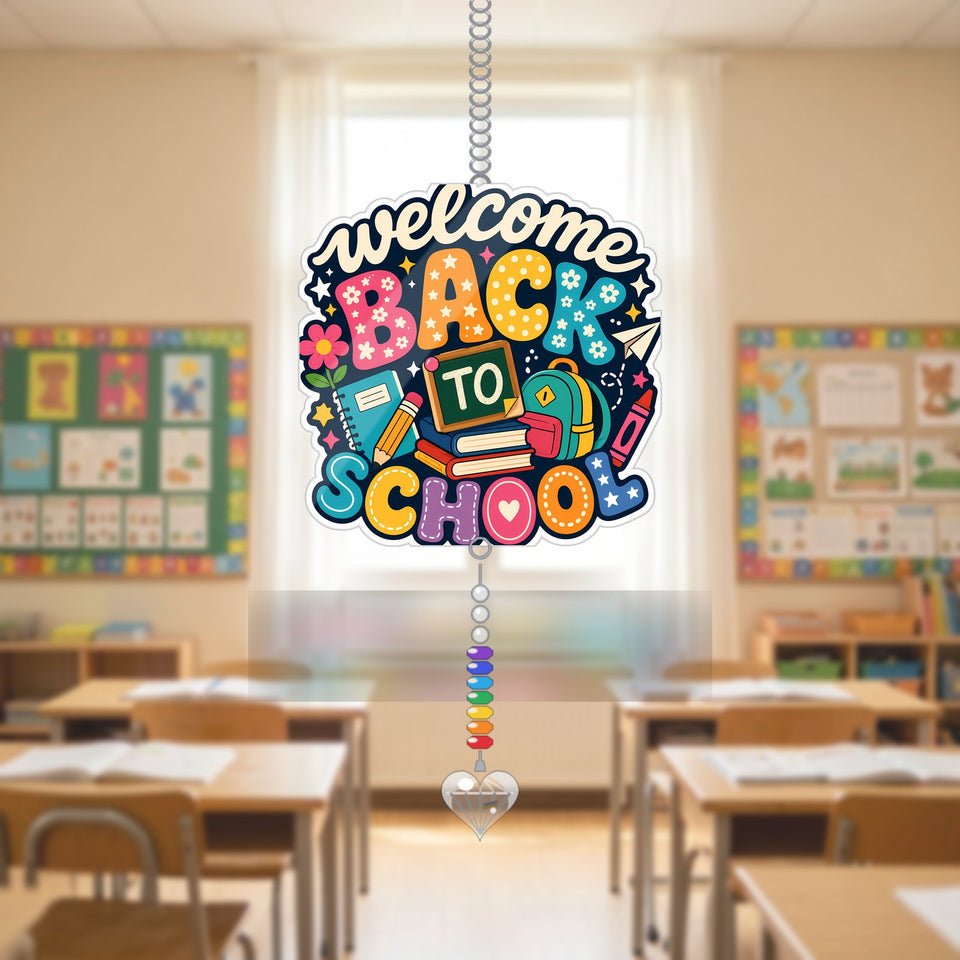 Welcome Back to School Chalkboard Acrylic Suncatcher with heart crystal + rainbow chain