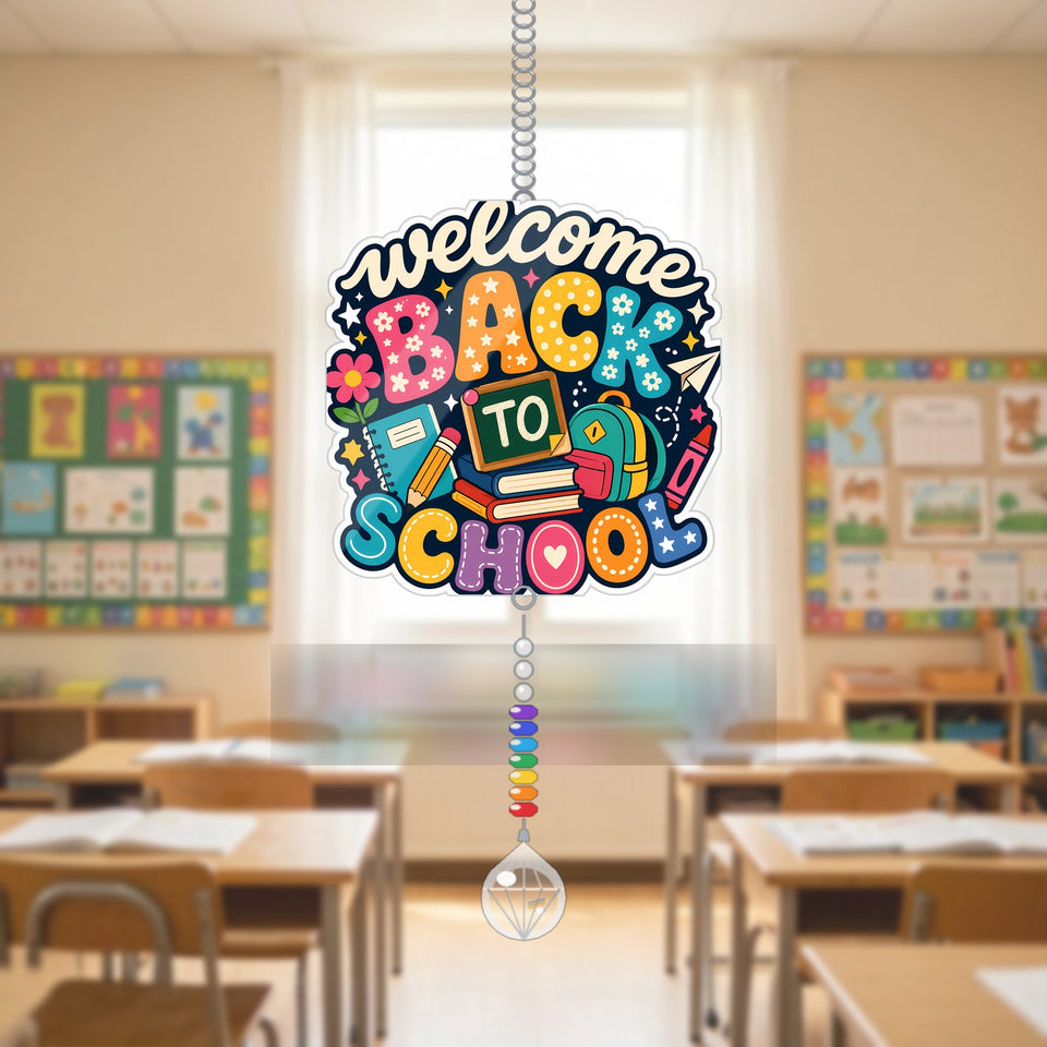 Welcome Back to School Chalkboard Acrylic Suncatcher with teardrop crystal + rainbow chain
