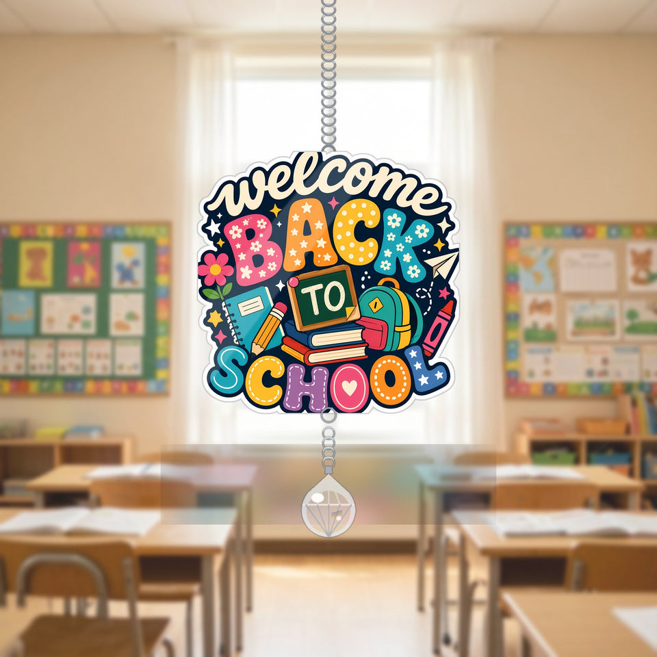 Welcome Back to School Chalkboard Acrylic Suncatcher with teardrop crystal