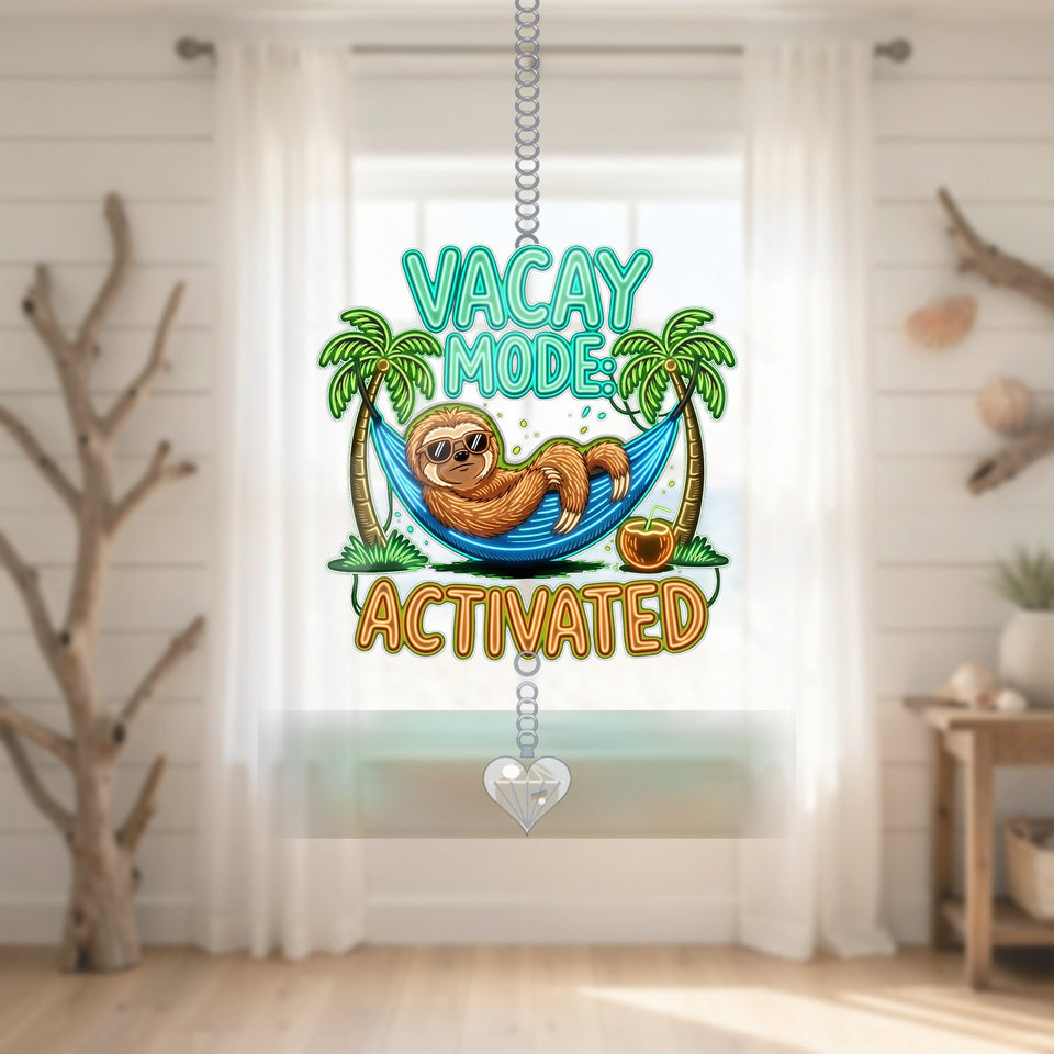 Vacay Mode Sloth Glow Acrylic Suncatcher with heart crystal