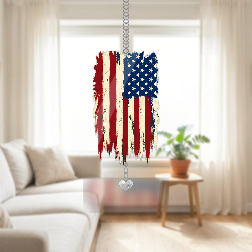 Vintage American Flag Acrylic Suncatcher with heart crystal