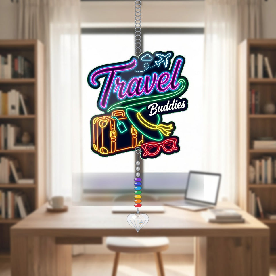 Travel Buddies Neon Acrylic Suncatcher with heart crystal + rainbow chain
