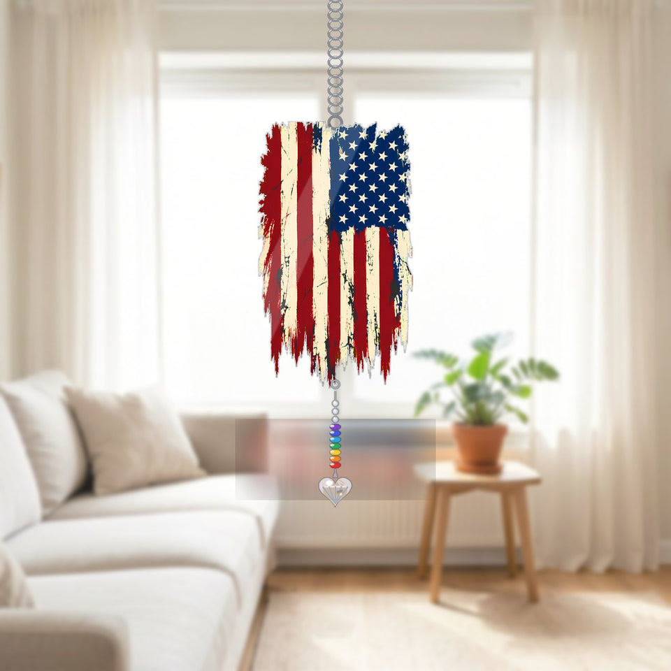 Vintage American Flag Acrylic Suncatcher with heart crystal + rainbow chain