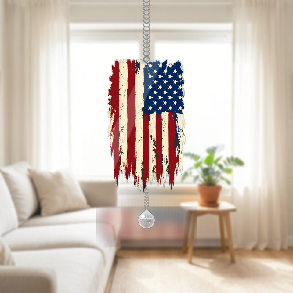 Vintage American Flag Acrylic Suncatcher with teardrop crystal