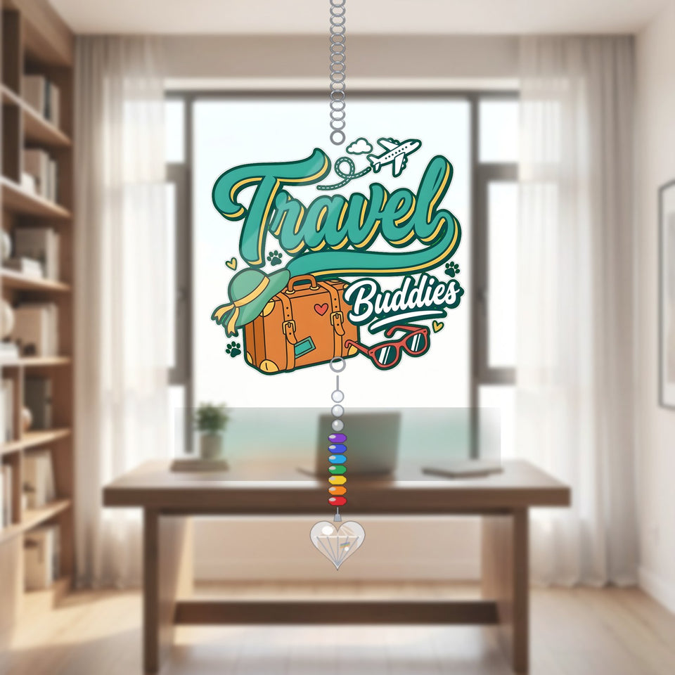 Travel Buddies Retro Acrylic Suncatcher with heart crystal + rainbow chain