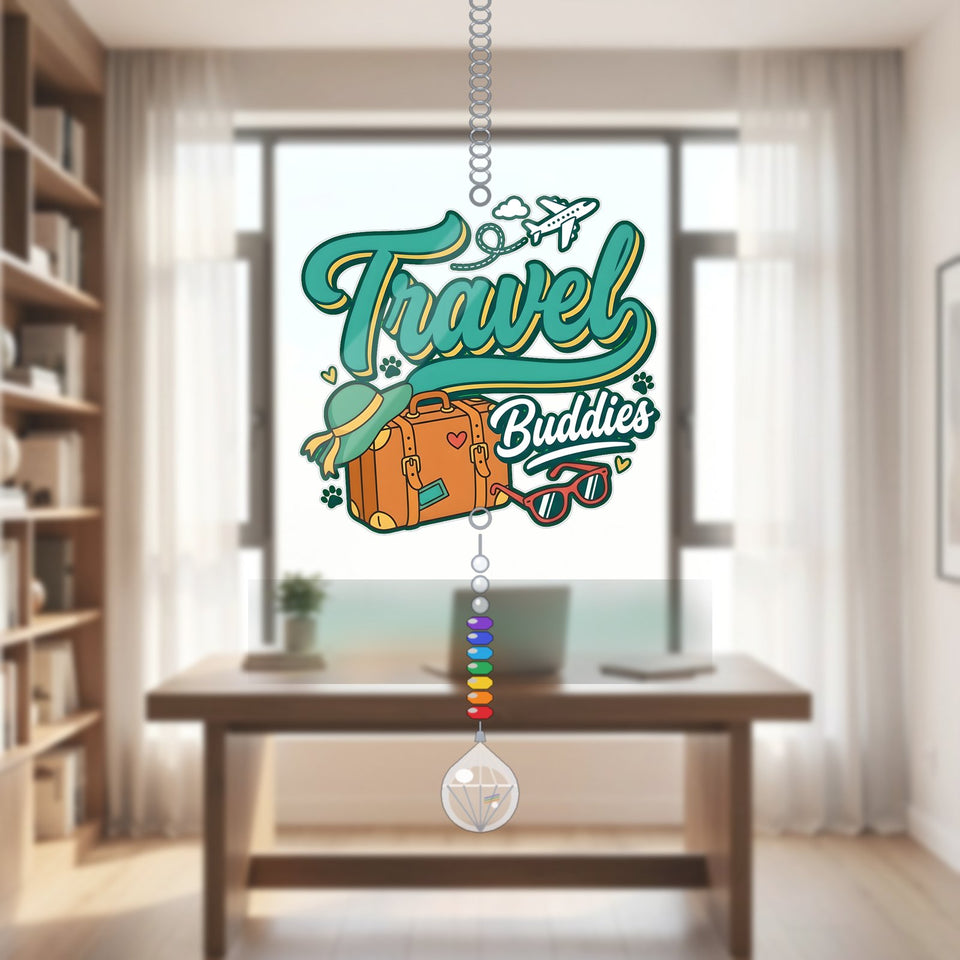 Travel Buddies Retro Acrylic Suncatcher with teardrop crystal + rainbow chain