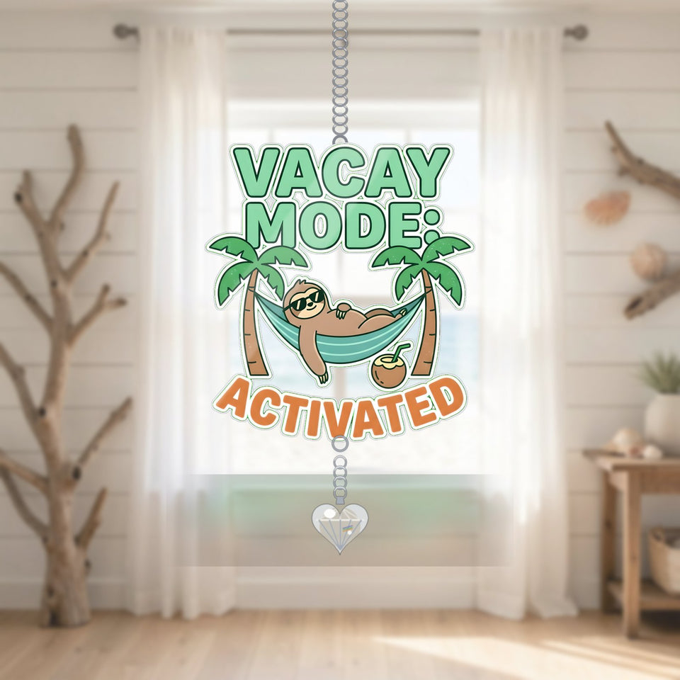 Hammock Sloth Vacay Mode Acrylic Suncatcher with heart crystal
