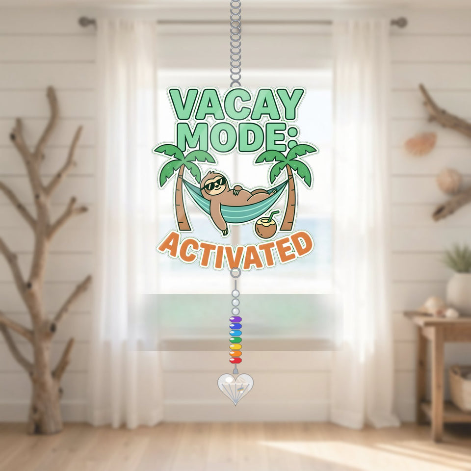 Hammock Sloth Vacay Mode Acrylic Suncatcher with heart crystal + rainbow chain
