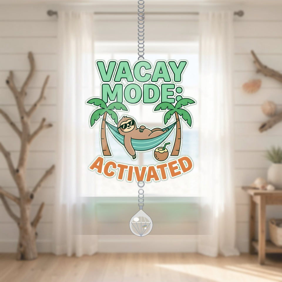 Hammock Sloth Vacay Mode Acrylic Suncatcher with teardrop crystal